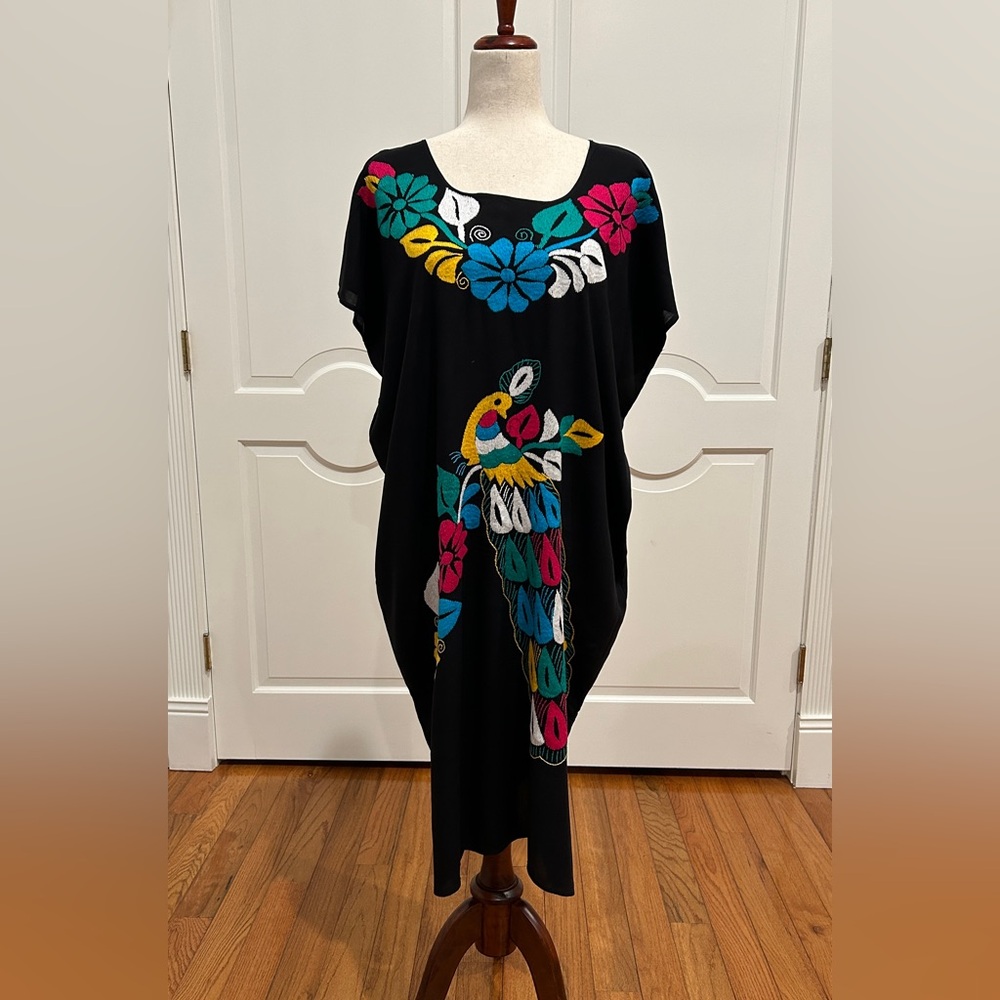 Mexican black dress, Oaxaca dress, hand embroidery Peacock dress.